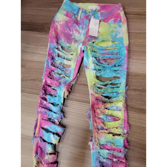 HOT & DELICIOUS   Rainbow  Size Blue Multi Destroyed Jeans NWT #Z - Picture 3 of 10